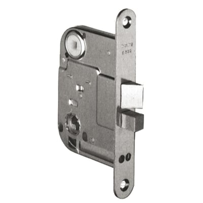 Assa Abloy mellemdørlås til cylinder, model forn.b522, set skråt forfra med låsekasse og rigler.