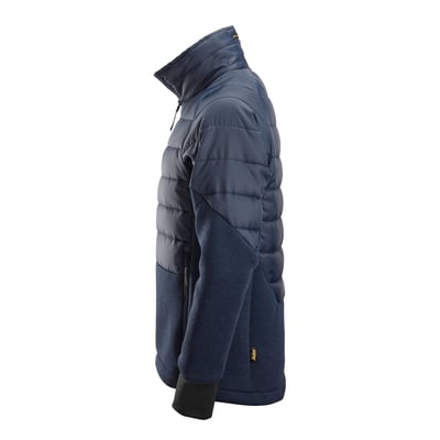 Snickers Workwear 1902 FlexiWork hybridjakke i navy/navymeleret, str. M, med quiltet overdel og stående krave.