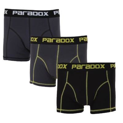 Tre Paradox herre boxershorts i str. M, stables bag hinanden: mørkeblå, grå med gul lynlås, og sort med gul lynlås.