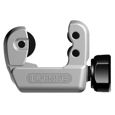 Ironside mini-rørskærer til Inox-rør, med kompakt sølvfarvet krop og sort justeringshjul, set fra siden.