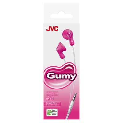 JVC HA-F14 Gumy in-ear stereo headphones i pink, vist på emballage med "Gumy" logo og information om produktet.