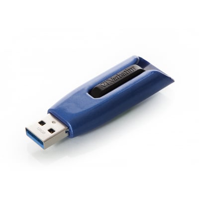 Verbatim Store 'n' Go V3 Max USB 3.0 drev med 128GB lagerkapacitet i blå farve, vist på en hvid overflade.