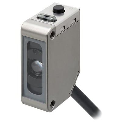 Omron E3ZM-V61 registreringsmærkesensor i rustfrit stål med 2m kabel og NPN output, vist med hvid LED.