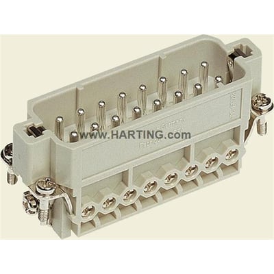 Detaljeret billede af Harting HAN A 16-polet hanstik med skrueterminaler og "Made in Germany" mærkning.