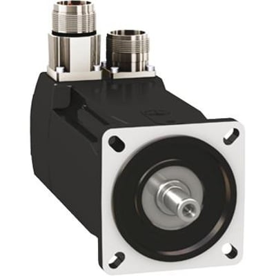 Schneider Electric BMH servomotor med 2,5 Nm og 600W, sort med metalmonteringsflange og to runde stik på siden.