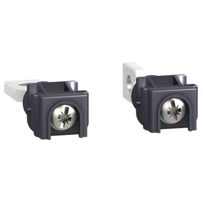 Schneider Electric kort bagforbindelse til 250A brug, viste to enheder med skruer og metaldele, isoleret på hvid baggrund.