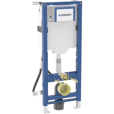 Geberit Duofix WC-element med Sigma cisterne i 112 cm højde, vist med blå metalramme og hvid indbygningscisterne.