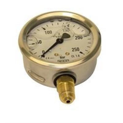 Wika hydraulik manometer, model MS 2563 GLY CR, med glycerinfyldt urhus og messingstuds på Ø63.