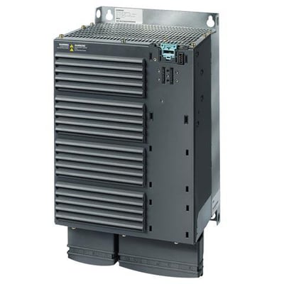 Siemens SINAMICS G120 effektmodul PM250 37kW med klasse A filter, vist skråt forfra med fokus på køleprofiler og tilslutningsmuligheder.