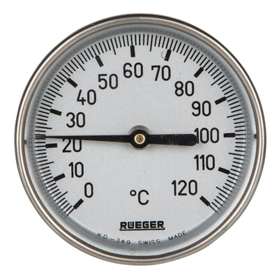 Rueger TCH bimetaltermometer med 65mm diameter og en temperaturvisning fra 0 til 120 grader Celsius.