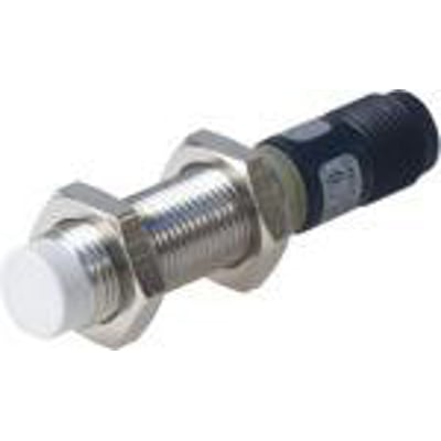 Carlo Gavazzi induktiv aftaster M12 Namur, kort model med gevindhus i AISI304, hvid følerflade og sort tilslutning.