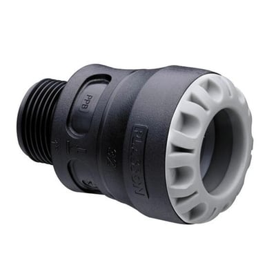 Plasson overgang med nippel, 50 mm x 1.1/2", fremstillet af sort PP-plast med gråt spændehylster og PN16 trykklasse.