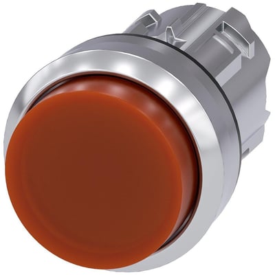Siemens SIRIUS ACT 22mm oplyst trykknap i højglans orange metal med hævet trykflade og klik-montering.