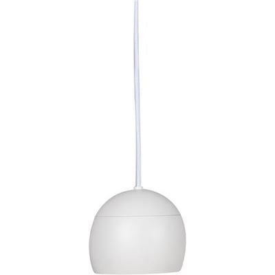 Hvid Globe G2-pendel fra Hide-a-lite med rund, skålformet skærm og langt ophængskabel.