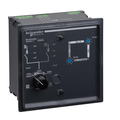 Schneider Electric BA styreenhed til 220-240VAC, mørkegrå med drejeknap og digitale indstillinger for tid og spænding.