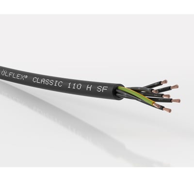 Lapp Olflex Classic 110 H SF kabel med 5G2,5 ledere, viser den sorte ydre kappe med hvid tekst og de fem indre kobberledere med isolering.