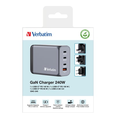 Verbatim GNC-140 GaN oplader 240W i sort, viser opladeren med tilhørende udskiftelige stik til USA, UK og EU.