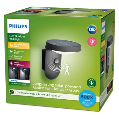 Emballagen til Philips Lighting Tyla solcelle væglampe med sensor, der viser produktet og dets funktioner.