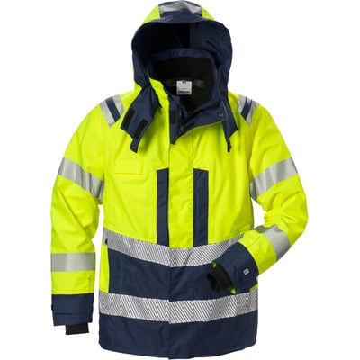 Kansas Fristads Hi-Vis Airtech jakke i gul og marineblå, str. 3XL, med reflekser og hætte, isoleret krave, og lynlåslukning.