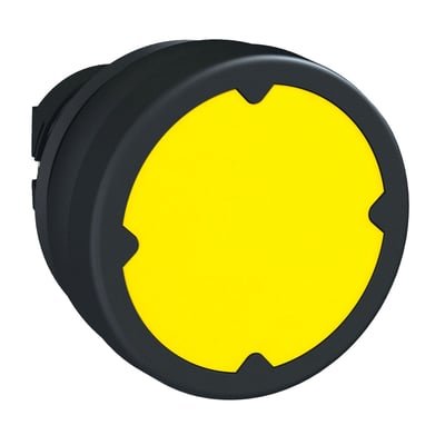 Schneider Electric trykknaphoved Ø22 med Ø37 mm gul trykflade i sort plast. Produktet er vist fra siden på en hvid baggrund.