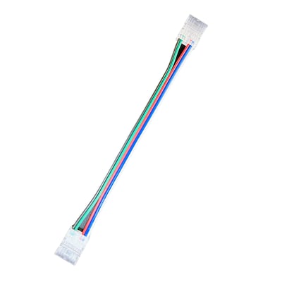 Samler med ledning til RGB+W COB LED strip på 10mm, med farvekodede ledninger og klare stik, IP20-klassificeret.