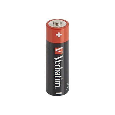 Et enkelt Verbatim alkaline AA batteri vist på hvid baggrund med pluspolen øverst og sort batterihus med logo.