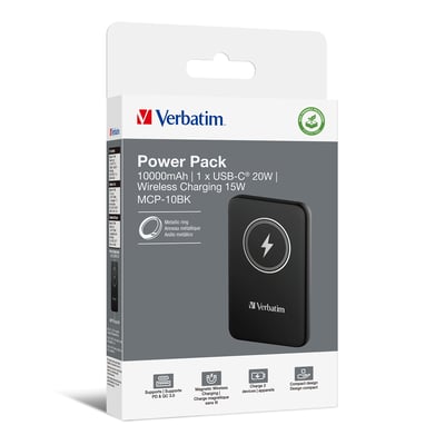 Verbatim Charge´n´Go Magnetic Wireless Power Bank 10000 mAh sort, vist i sin emballage med tydelige produktinformationer og logo.