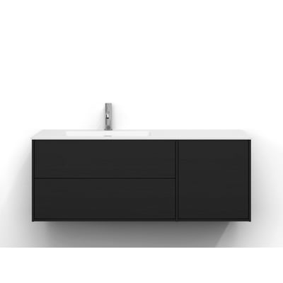 Svedbergs Epos underskab i sort ask, 120 x 45 cm med 2+1 skuffer, vist forfra med hvid vask og armatur.