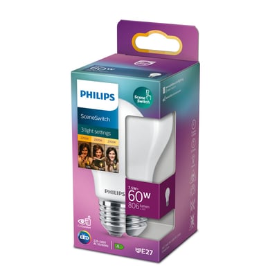 Pakke med Philips SceneSwitch E27 LED-pære, viser pæren og funktionerne med 3 lysindstillinger og 806 lumen.