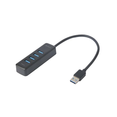 Deltaco USB-A hub med 4 porte og 5 Gbit/s, vist fra siden med kablet og USB-A stikket synligt på hvid baggrund.