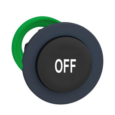 Schneider Electric Harmony XB5/ZB5 flush trykknap i sort med hvid "OFF" markering og grøn monteringsring.