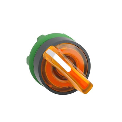 Orange drejegreb fra Schneider Electric, Ø22 mm, med hvid markering og lysende kerne, set fra siden på hvid baggrund.