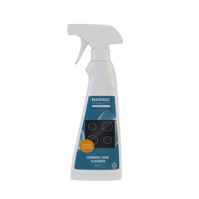 Nordic Quality keramisk kogepladerens på 250 ml med sprayhoved, citronduft og indikation af egnethed til induktion.