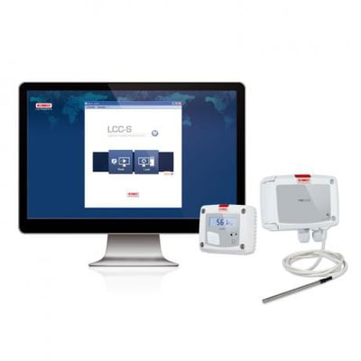 Kimo LCC-S software vises på en computerskærm, klar til brug med Kimo transmittere og en udvendig temperatursensor.