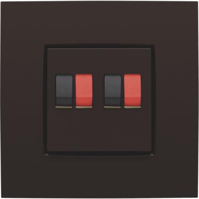 Niko afdækning til dobbelt højttalerudtag i mørkebrun, med to sorte og to røde terminaler. Elegant og diskret design.