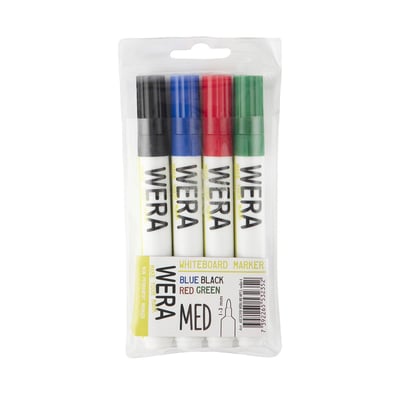 Pakke med fire Wera whiteboard markers i farverne sort, blå, rød og grøn, med konisk spids og lugtfri blæk.