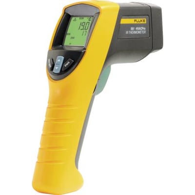 Fluke 561 infrarødt termometer med type-K funktion, gult og gråt design med digital skærm og knapper til temperaturmåling.