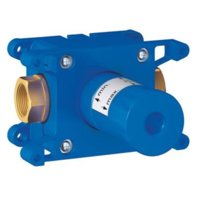 Grohe Rapido C ventiloverdel i blå plast med messingtilslutning og justeringsmekanisme med markeringer for min. og max. tryk.