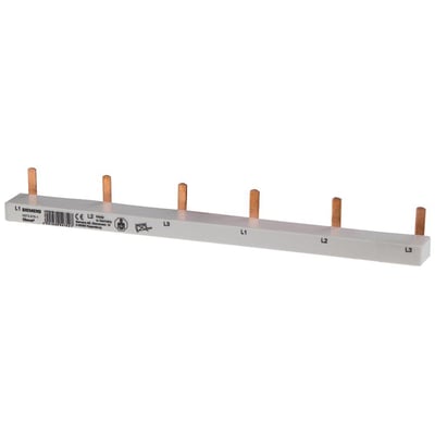 Siemens 3-faset samleskinne i grå, 10mm2, med 6 tilslutninger og kobberstifter. Mærket med L1, L2, L3.