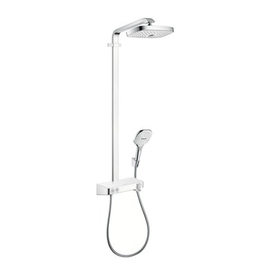 Nærbillede af Hansgrohe brusesystemet, der viser termostaten med drejeknap og Select-knapper samt bruserholderen.