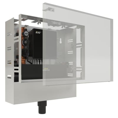 Kemper KHS LITE hygiejneskyl med gennemstrømningssensor og én tilslutning vist i et teknisk diagram. Komponenterne er synlige inde i en metalboks, der er delvist dækket af en gennemsigtig skal.