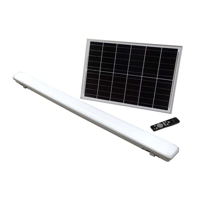 V-TAC 18W Solar LED armatur med 3i1 farvetemperatur, sensor og RF-kontrol samt solpanel og fjernbetjening på hvid baggrund.