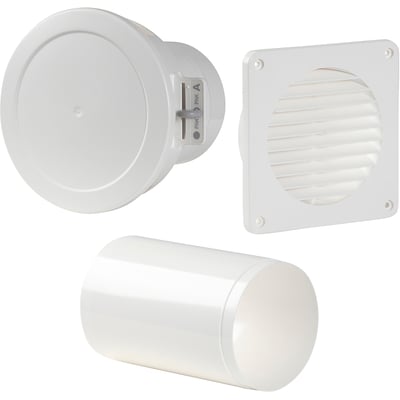 Pax ventilationssæt i hvid plast med justerbar længde fra 100-370 mm, Ø102 borehul og Ø110 ydre diameter.