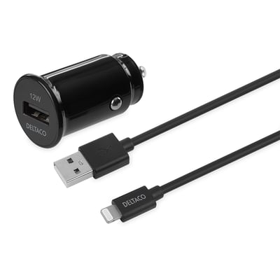 Sort Deltaco-biloplader med én USB-A-port på 12 W og tilhørende 1 meter Lightning-kabel.