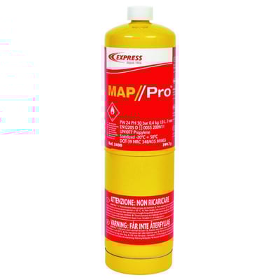 Detaljeret billede af Express MAP/PRO 2400 gasdåse, der viser produktinformation, specifikationer og advarselstekster på etiketten.