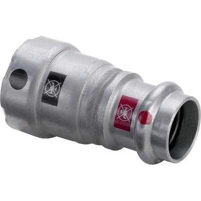 Viega Megapress overgangsfitting i metal med 3/4" og 22 mm dimension, vist på hvid baggrund med advarselssymboler.