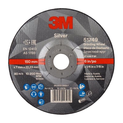 3M Silver skrubskive, type 27, 150 mm diameter og 22,23 mm huldiameter med 10200 max RPM. Skiven viser standard sikkerhedssymboler og produktinformation.