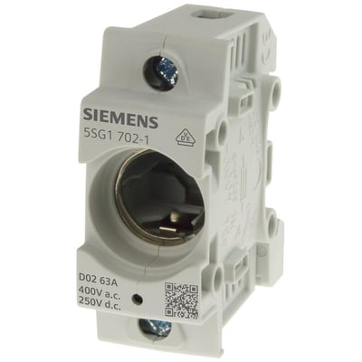 Siemens 5SG1 702-1 NEOZED sikringsholder D02 i grå plast, 1-polet 63A, 400V AC, 250V DC, med VDE-mærke og QR-kode.