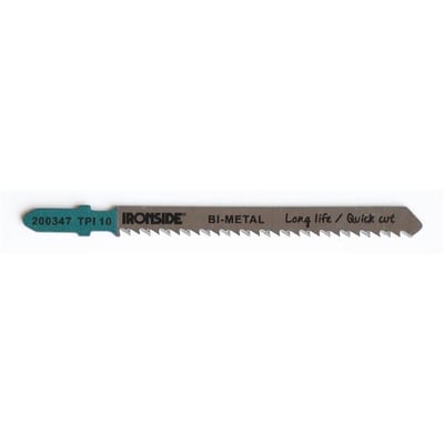 Ironside T101BRF-stiksavklinge i bi-metal, set fra siden med tandet skær og grønt skaft.