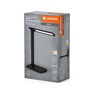 Ledvance Office Line Desk Banker skrivebordslampe i sort emballage med billede af lampen og specifikationer som 17W, 780lm og justerbar CCT.